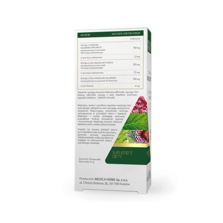 Medica Herbs Waleriana Melisa Passiflora – skład i standaryzacja wyciągów na opakowaniu