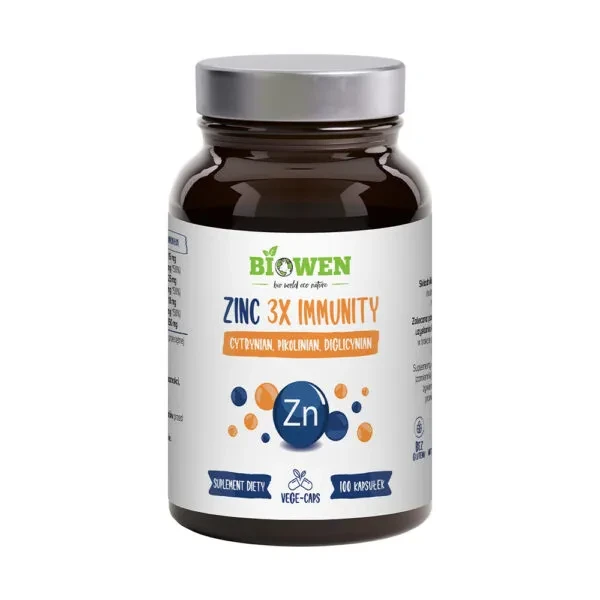 Biowen Zinc 3X Immunity, Cynk Complex+ 100 kapsułek Vege wspiera odporność, skórę, włosy, paznokcie, testosteron