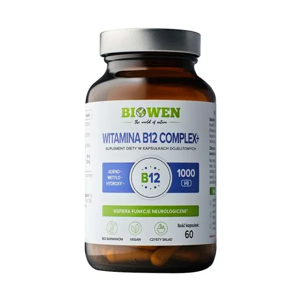 Biowen Witamina B12 Complex+ (Trzy aktywne formy witaminy B12) 60 kapsułek Vege wspiera układ nerwowy