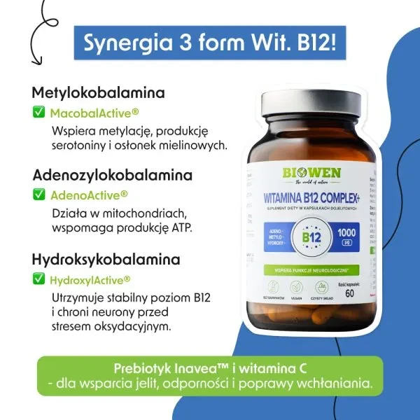 Biowen Witamina B12 Complex+ (Trzy aktywne formy witaminy B12) 60 kapsułek Vege wspiera układ nerwowy