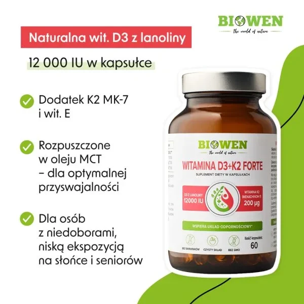 Biowen Witamina D3 + K2 Forte 12000 IU (60 kapsułek z olejem MCT) wspiera odporność i wzmacnia kości