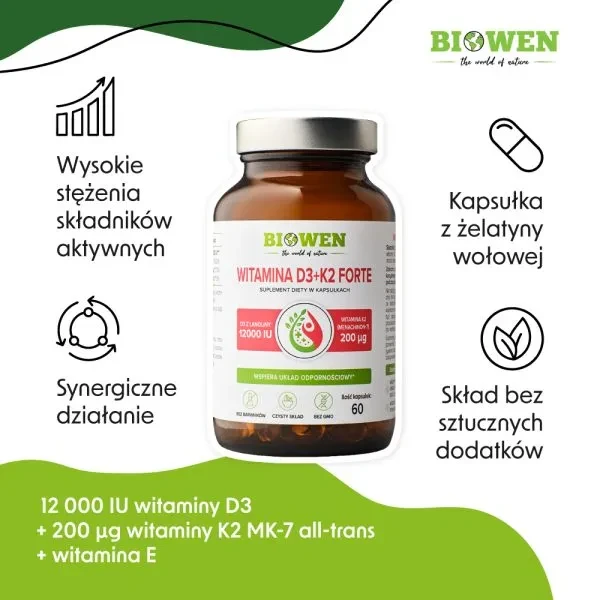 Biowen Witamina D3 + K2 Forte 12000 IU (60 kapsułek z olejem MCT) wspiera odporność i wzmacnia kości