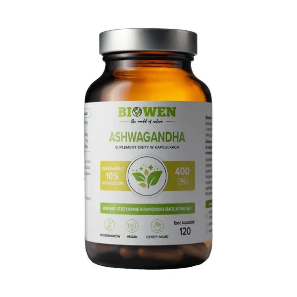 Biowen Ashwagandha 120 kapsułek Vege wspiera odporność na stres, dobre samopoczucie, dodaje energii