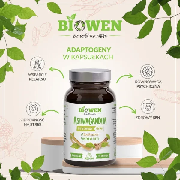 Biowen Ashwagandha 120 kapsułek Vege wspiera odporność na stres, dobre samopoczucie, dodaje energii