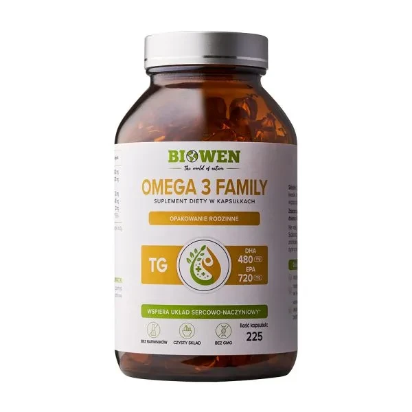 Biowen Omega 3 Family TG 720 mg EPA, 480 mg DHA 225 kapsułek z olejem rybim wspiera układ sercowo-naczyniowy