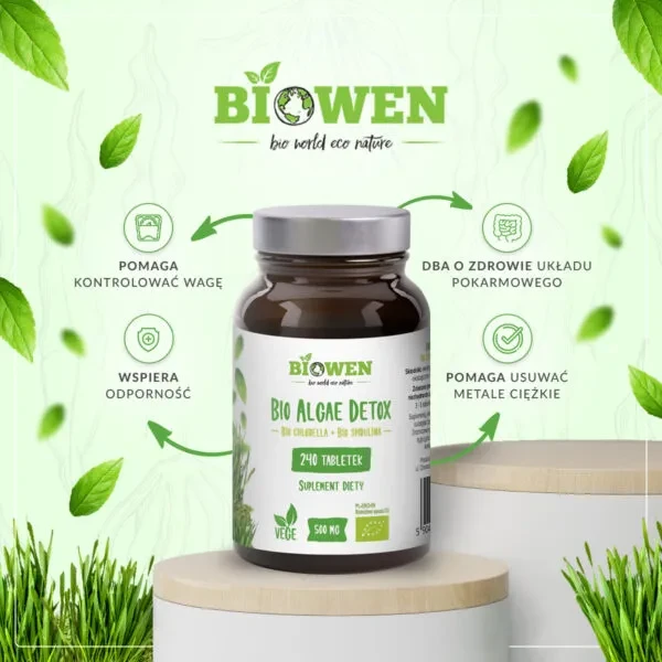 Biowen BIO Algae Detox 500 mg – 240 tabletek wspomaga redukcję tkanki tłuszczowej, ma działanie detoksykacyjne